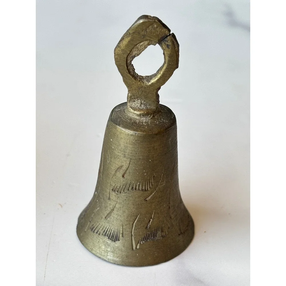 Vintage Etched Brass Hand Bell Small Decorative Metal Bell